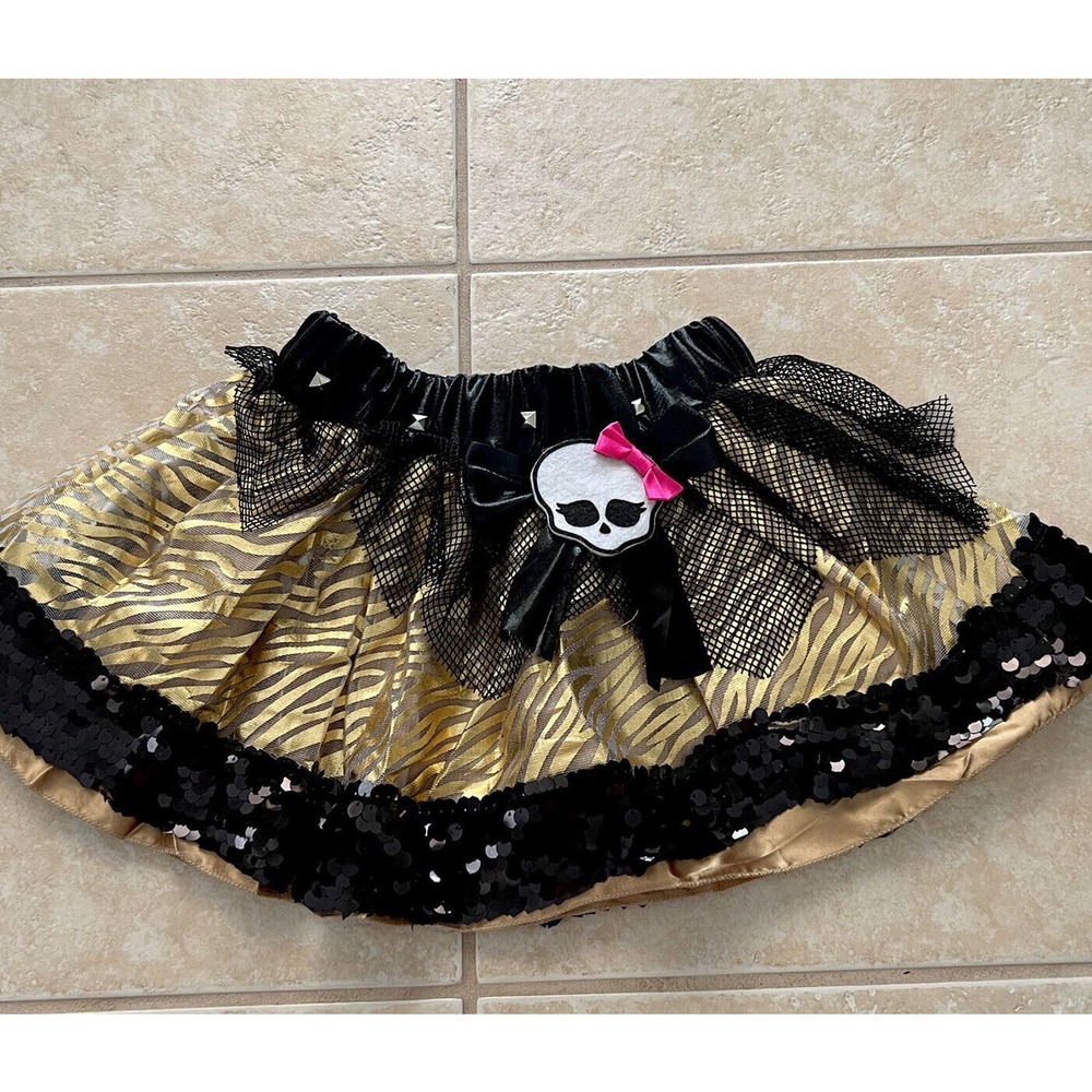 Girl’s Monster High Metallic Gold & Black Skirt Tutu Elastic Waist Sequins Mesh